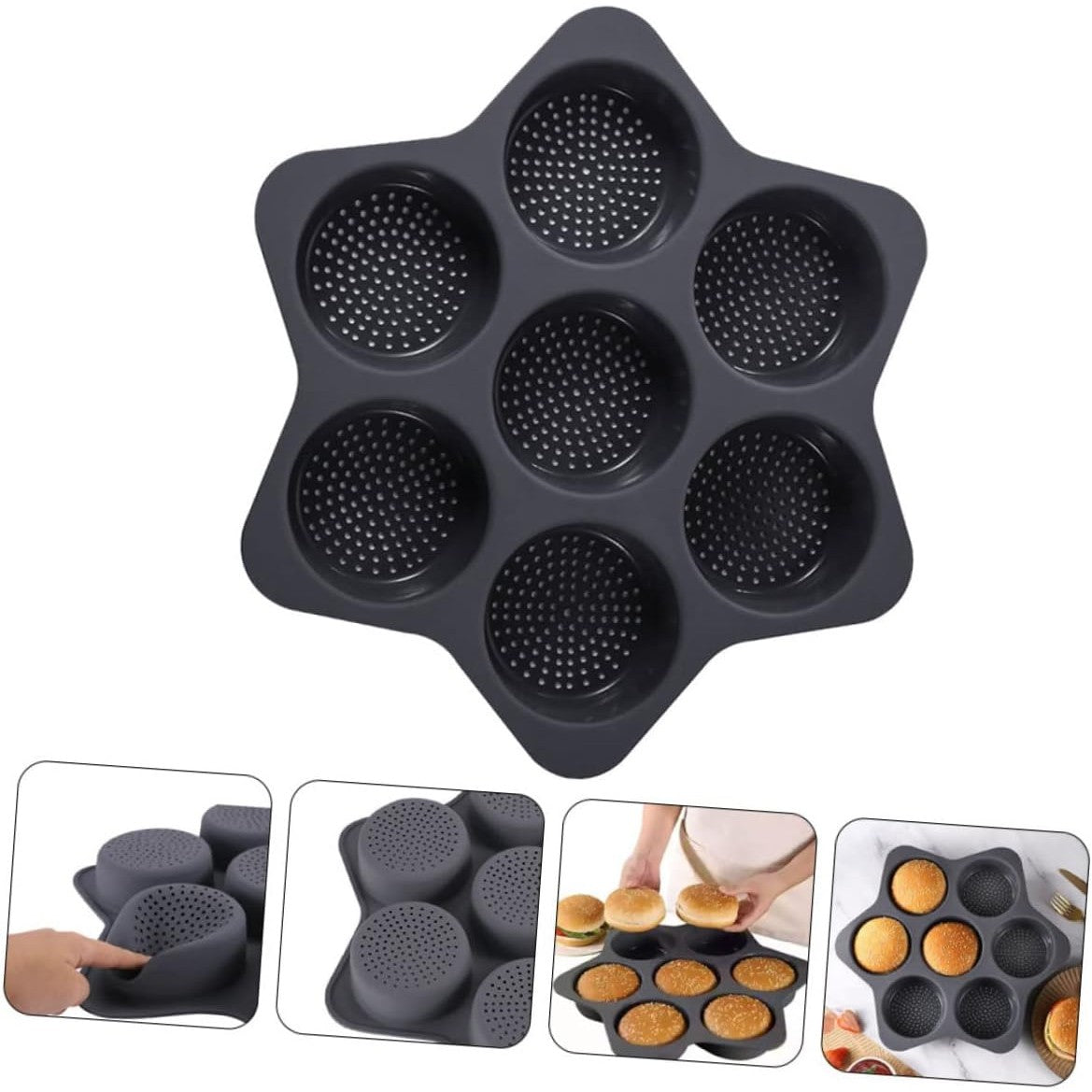 Forme de Silicon pentru Copt, 7 Forme Rotiunde, pentru Burgeri si Prajituri, 38.5 x 4 cm, Negru