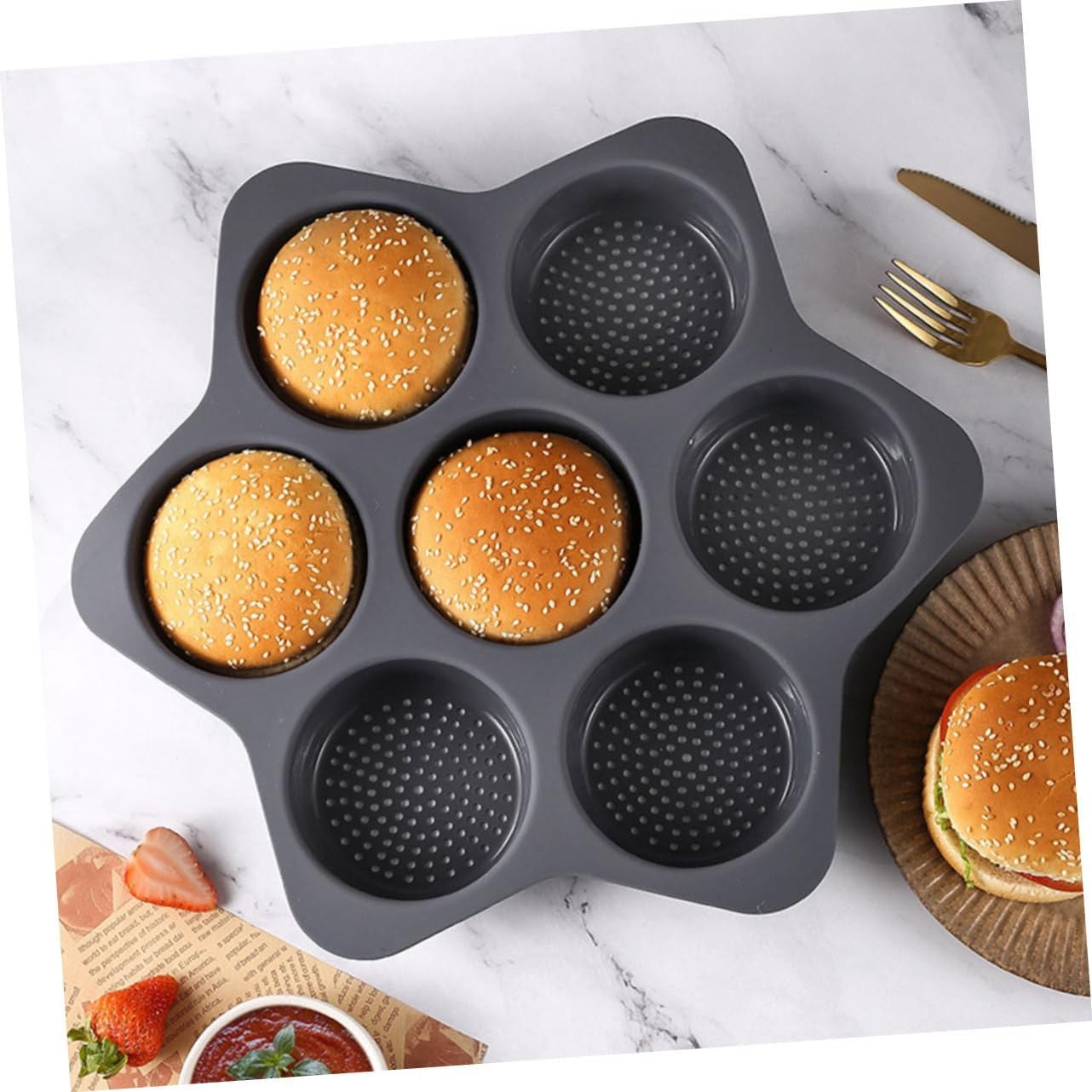 Forme de Silicon pentru Copt, 7 Forme Rotiunde, pentru Burgeri si Prajituri, 38.5 x 4 cm, Negru