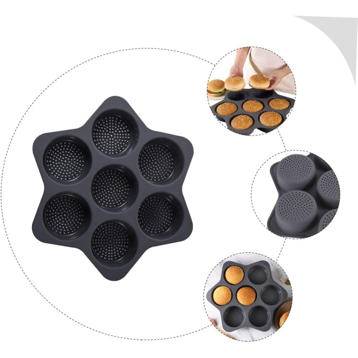 Forme de Silicon pentru Copt, 7 Forme Rotiunde, pentru Burgeri si Prajituri, 38.5 x 4 cm, Negru