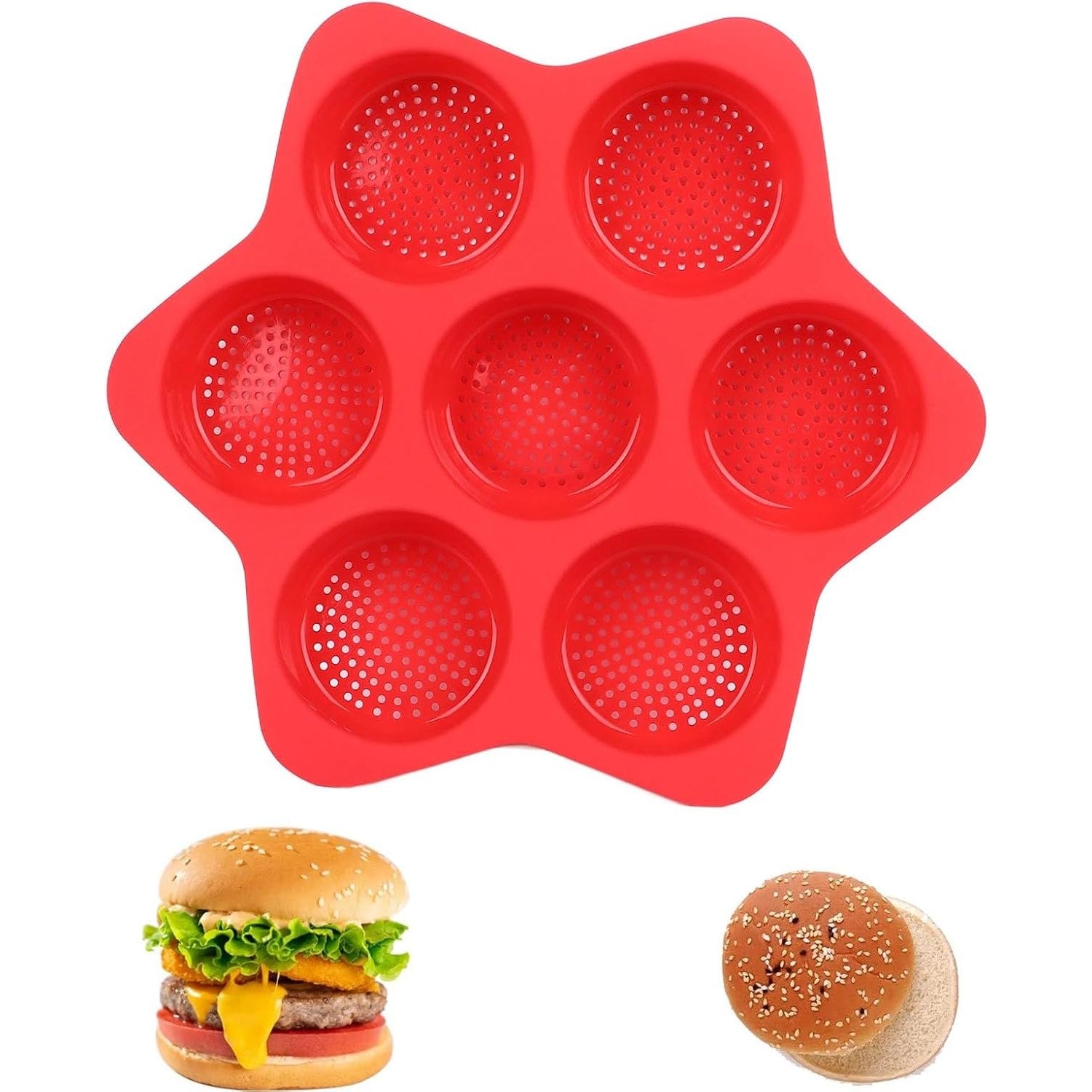 Forme de Silicon pentru Copt, 7 Forme Rotiunde, pentru Burgeri si Prajituri, 38.5 x 4 cm, Rosu