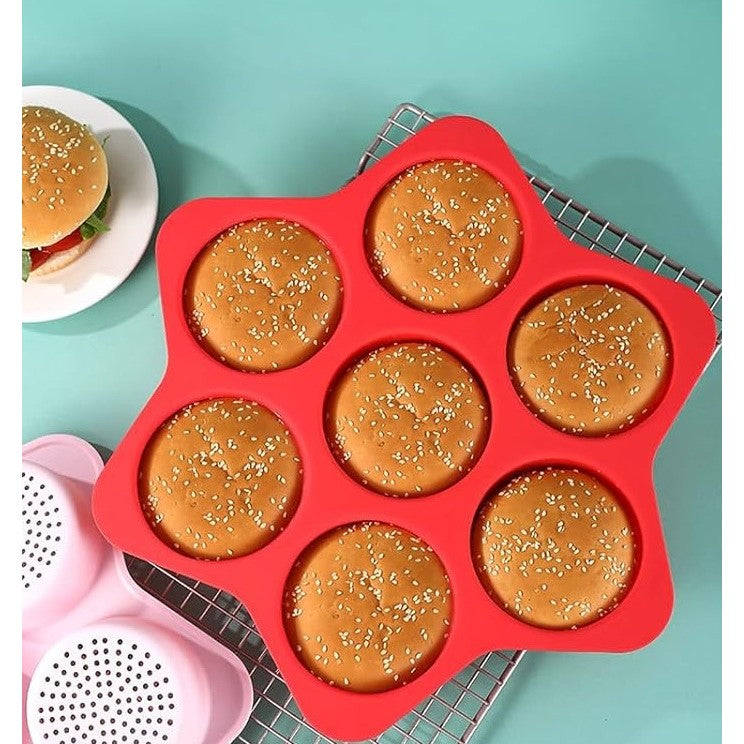 Forme de Silicon pentru Copt, 7 Forme Rotiunde, pentru Burgeri si Prajituri, 38.5 x 4 cm, Rosu