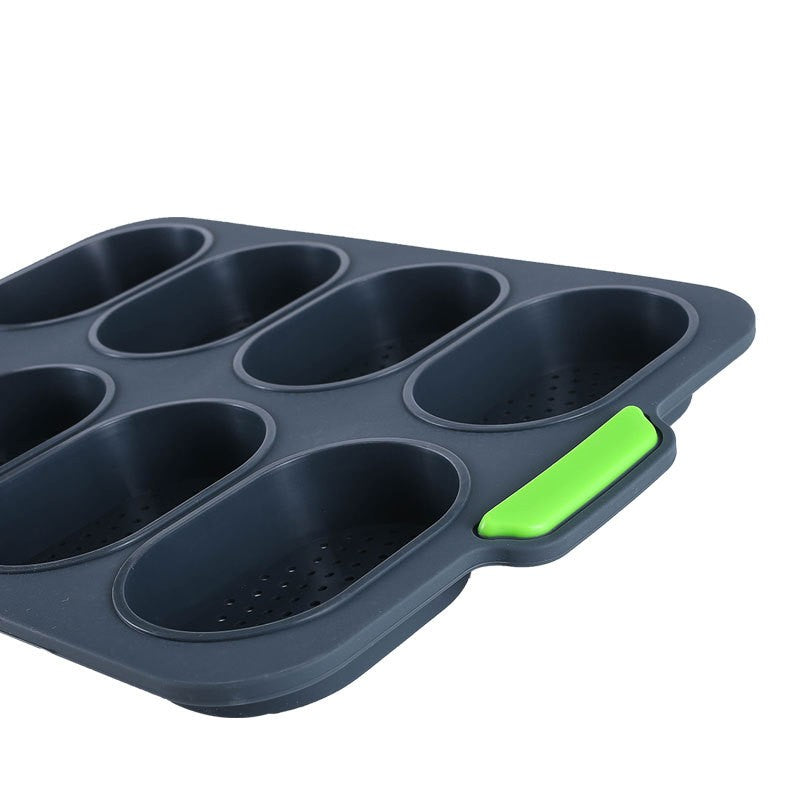 Forme de Silicon pentru Copt, 8 Forme Ovale, pentru Paine si Prajituri, 34.5 x 23.8 x 2.5 cm, Negru/Verde