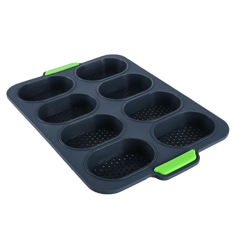 Forme de Silicon pentru Copt, 8 Forme Ovale, pentru Paine si Prajituri, 34.5 x 23.8 x 2.5 cm, Negru/Verde