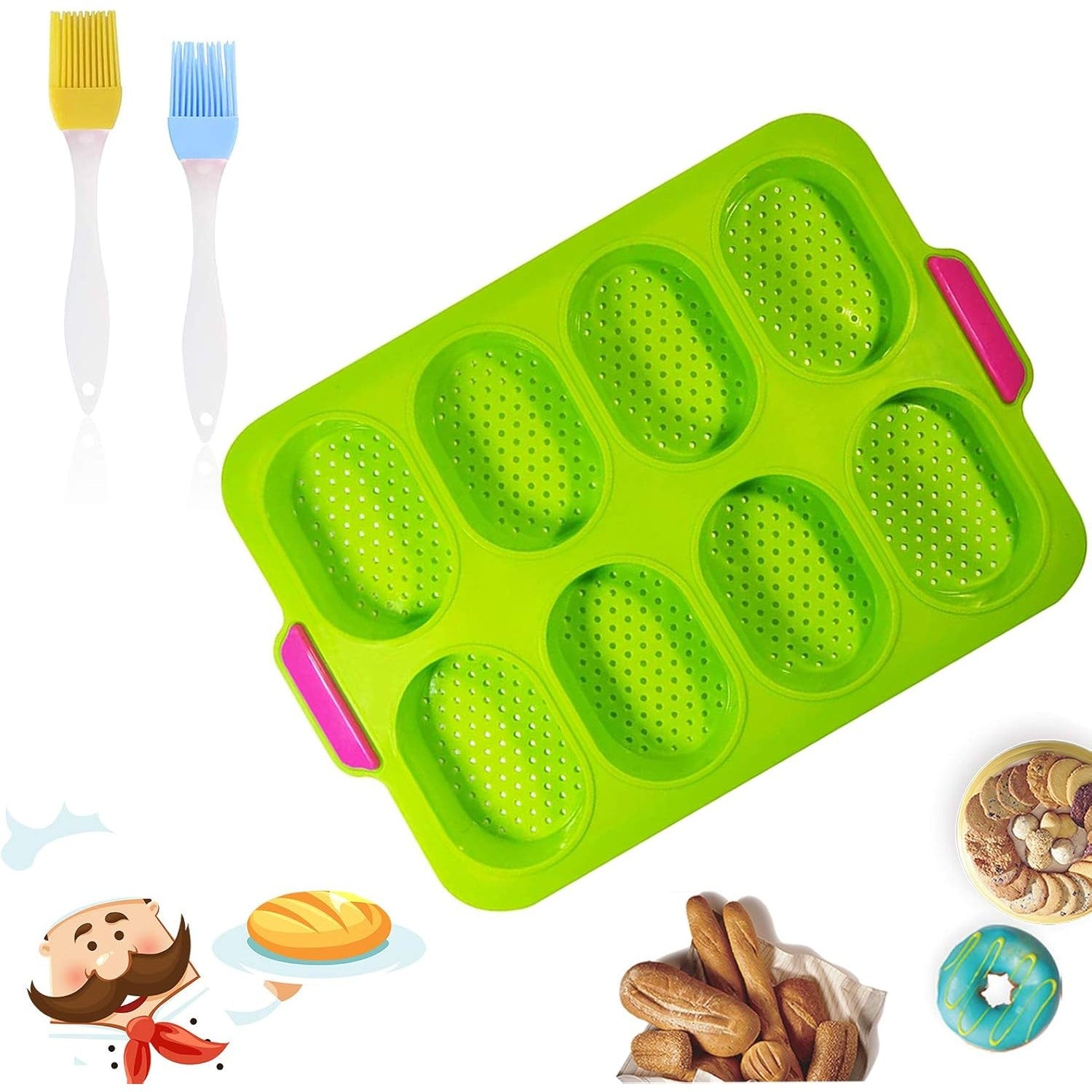 Forme de Silicon pentru Copt, 8 Forme Ovale, pentru Paine si Prajituri, 34.5 x 23.8 x 2.5 cm, Verde/Roz