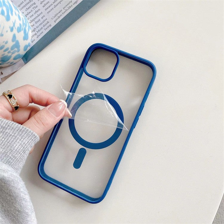 Husa MagSafe pentru Apple iPhone 11, Full Cover, Frosted Acrylic Color Big Hole, Magnetica, Incarcare Wireless, Albastru