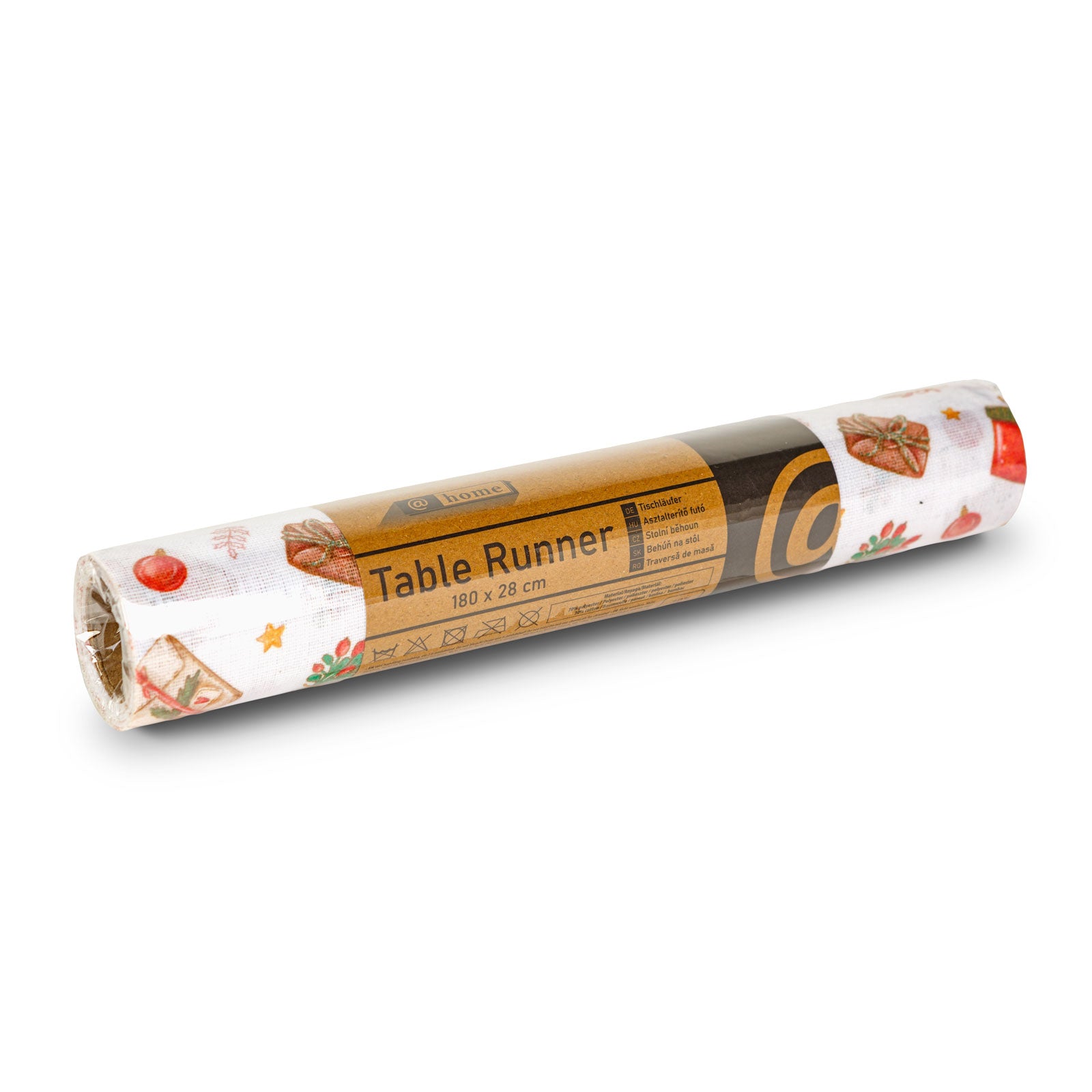 Frunner decorativ de masă – 180 x 28 cm – 70% poliester, 30% bumbac – model cadouri, alb