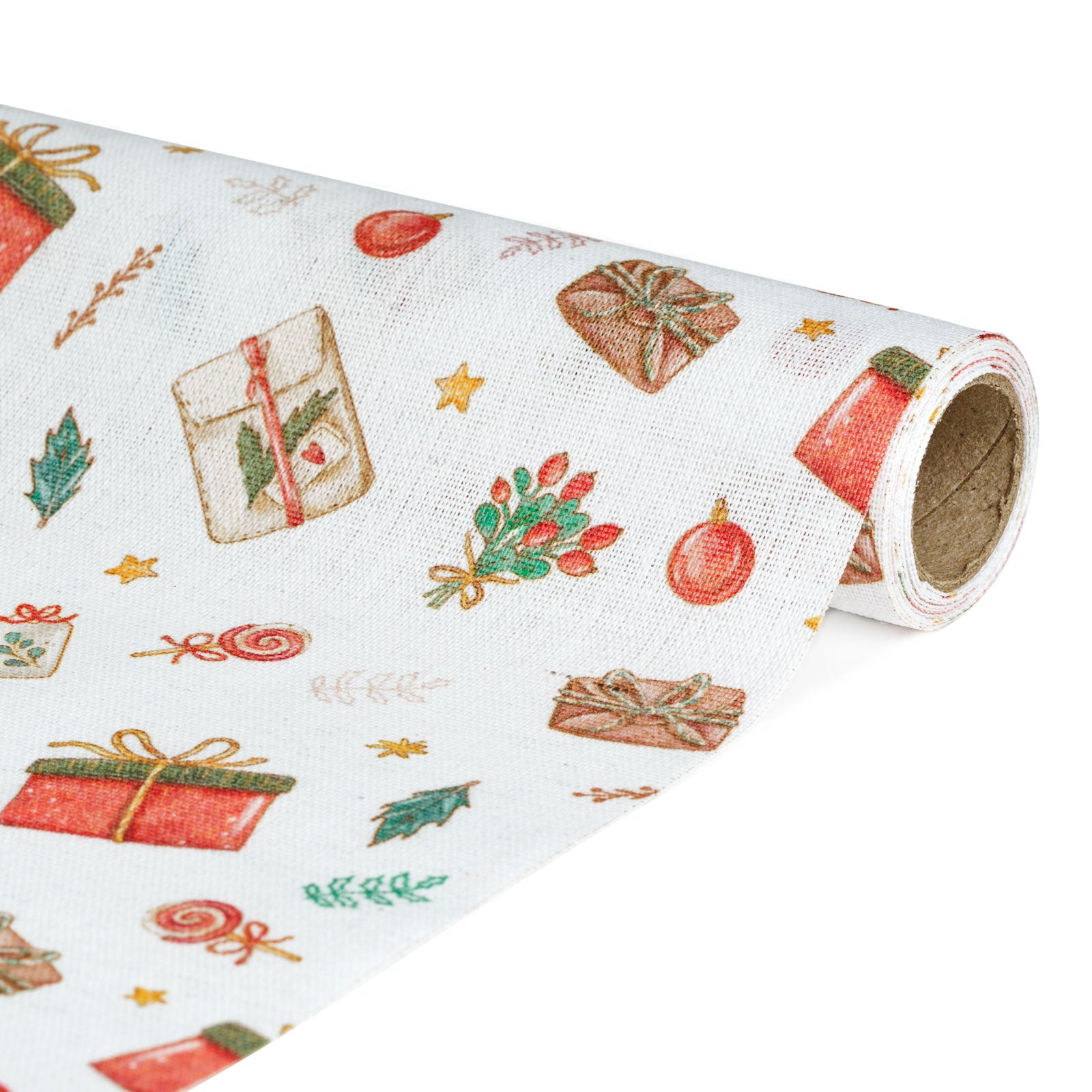 Frunner decorativ de masă – 180 x 28 cm – 70% poliester, 30% bumbac – model cadouri, alb