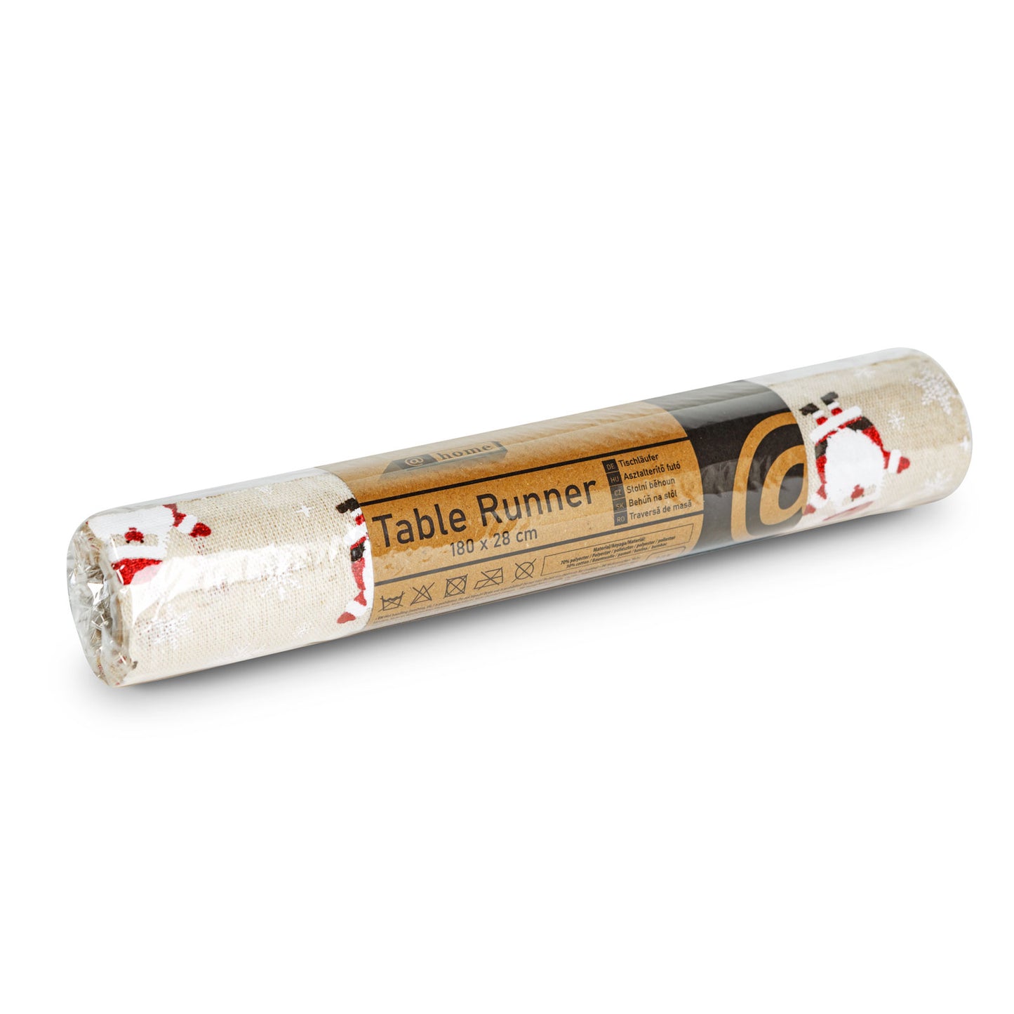 Frunner decorativ de masă – 180 x 28 cm – 70% poliester, 30% bumbac – model Moș Crăciun, maro