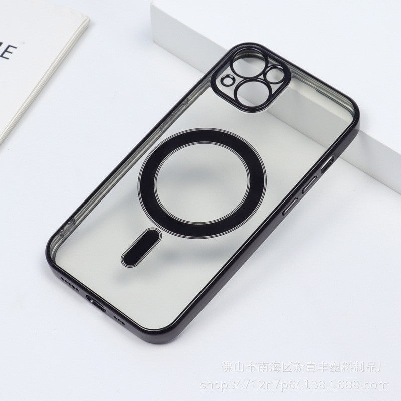Husa MagSafe pentru Apple iPhone 14 Pro, Protectie camera, Full TPU, Margini colorate Electroplating, Magnetica, Incarcare Wireless, Negru
