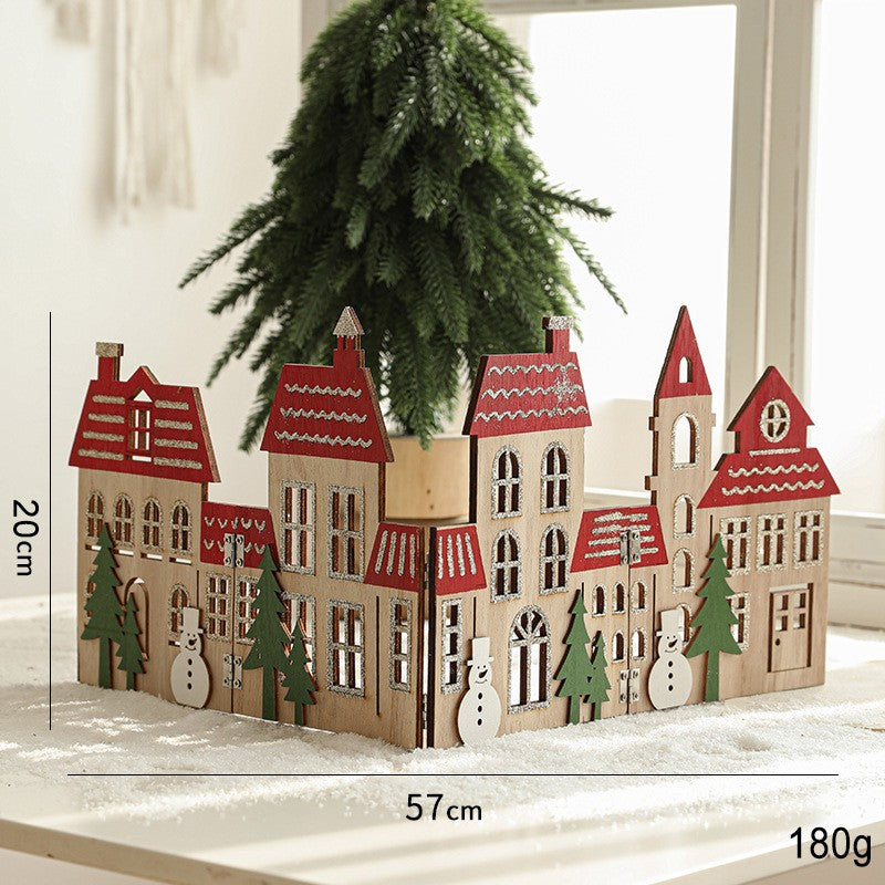 Decoratiune de Craciun, Model Orasel de Craciun pentru Brad, in stil European, Pliabil din Lemn, 57 x 20 cm, Maro Natur Rosu