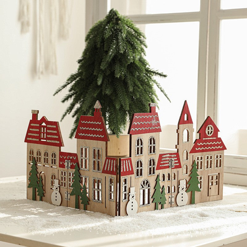 Decoratiune de Craciun, Model Orasel de Craciun pentru Brad, in stil European, Pliabil din Lemn, 57 x 20 cm, Maro Natur Rosu