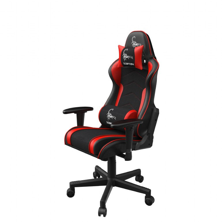SCAUN GAMING GEMBIRD, ergonomic, reglabil inaltime, rotatie 360 gr, black & red, brate ajustabile, greutate max. 136kg, perna tetiera, perna lombara, dimensiuni 52*80*125~133.5cm "GC-SCORPION-02X"