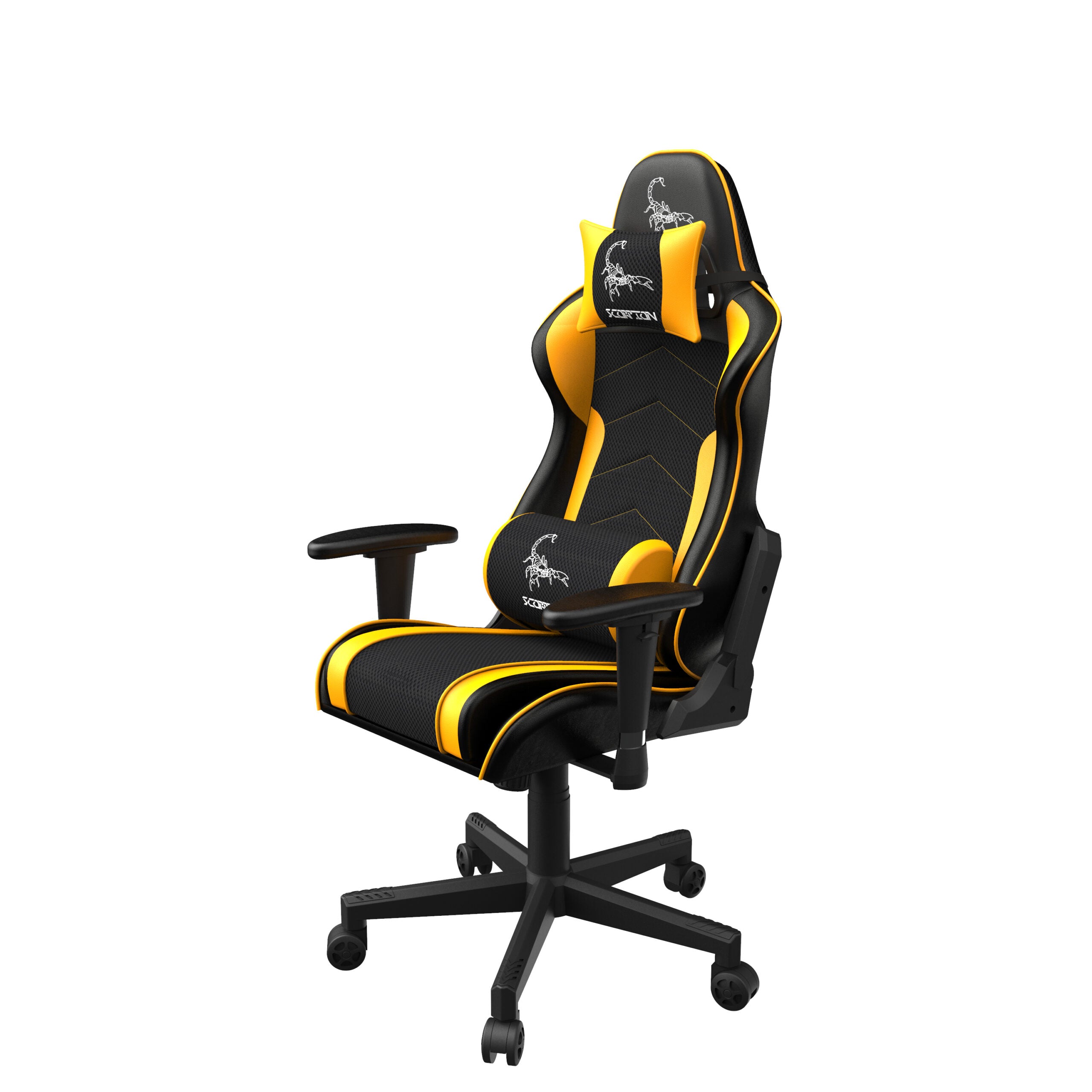 SCAUN GAMING GEMBIRD, ergonomic, reglabil inaltime, rotatie 360 gr, black & yellow, brate ajustabile, greutate max. 136kg, perna tetiera, perna lombara, dimensiuni 52*80*125~133.5cm "GC-SCORPION-05X"