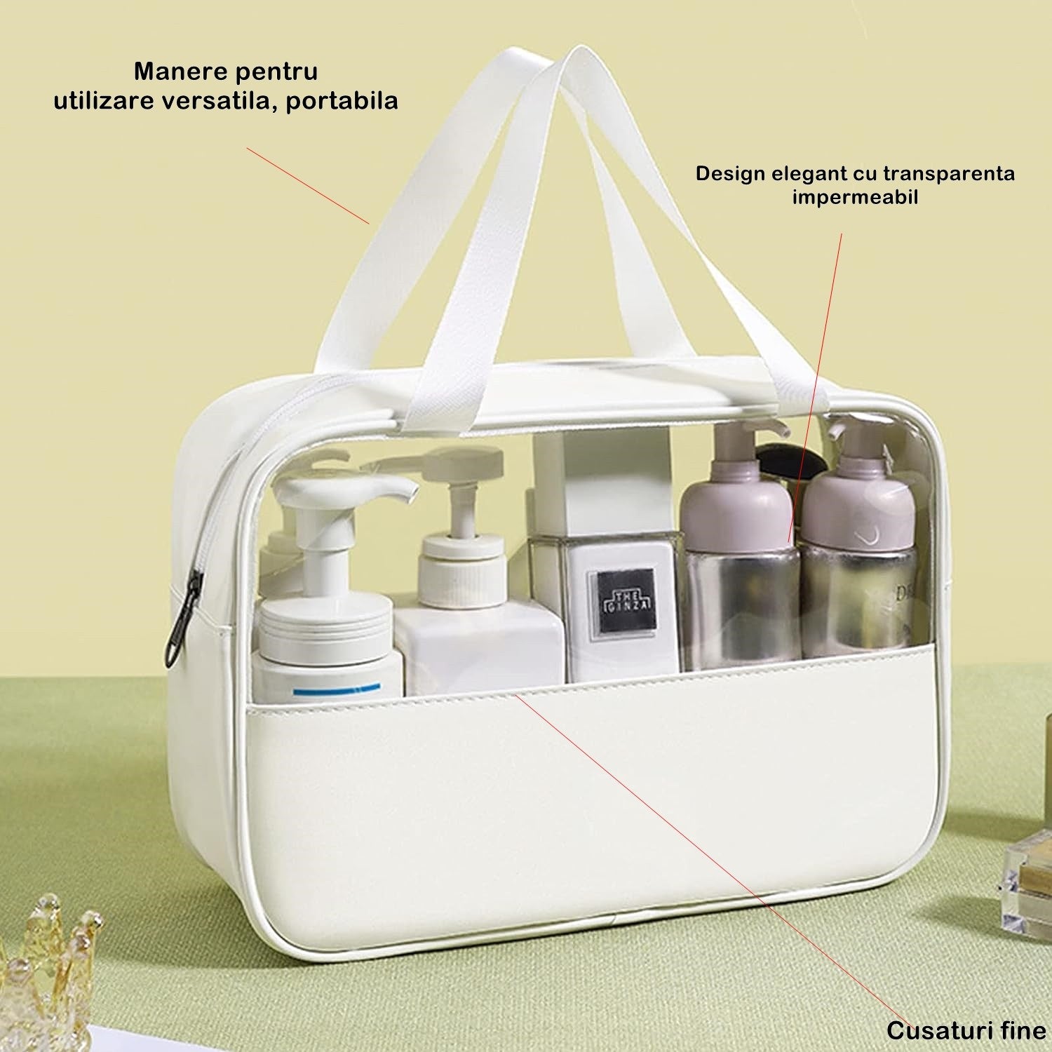 Geanta cosmetice Flippy, pentru voiaj sau organizare, material PVC/textil, impermeabila, portabila, 30x12x21 cm, alb