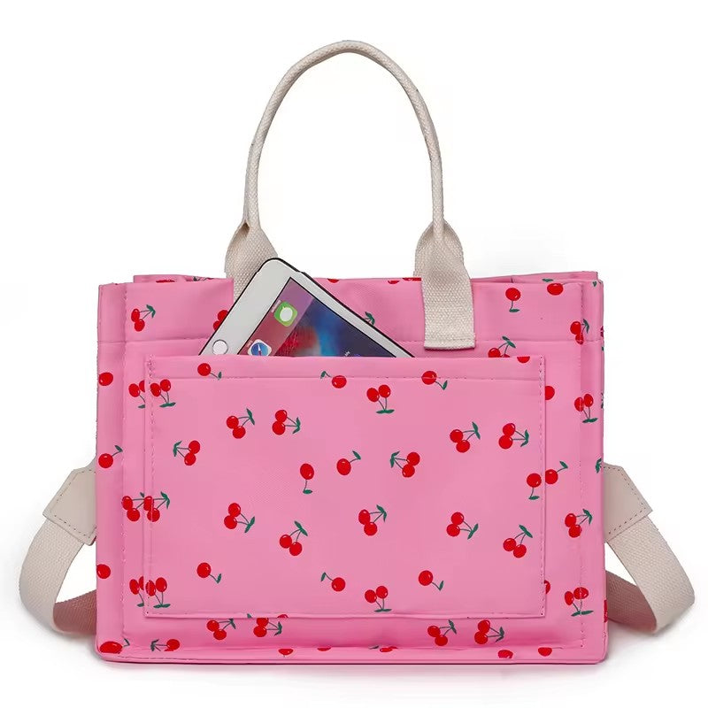 Geanta de Mana/Umar, Multifunctionala, Inchidere cu Capsa, Imprimeu Cirese, Material Textil, 33.5 x 25 x 14.5 cm, Roz
