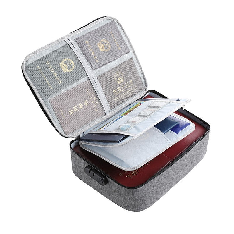 Geanta pentru Depozitare Acte si Documente, Facturi, Carduri, cu Cod de Securitate, 3 Compartimente, Impermeabila, 37 x 10.5 x 27 cm, Gri
