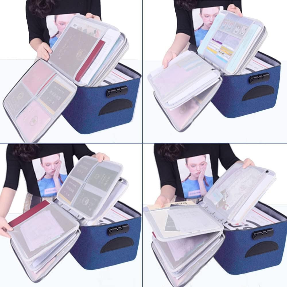 Geanta pentru Depozitare Acte si Documente, Facturi, Carduri, cu Cod de Securitate, 5 Compartimente, Impermeabila, 37 x 20 x 27 cm, Albastru