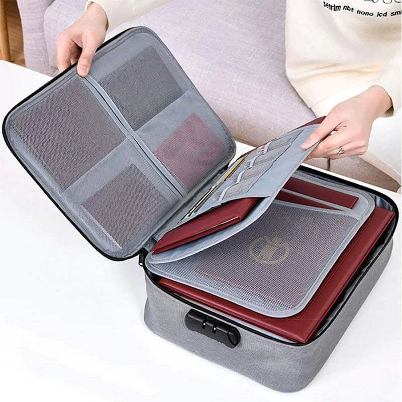 Geanta pentru Depozitare Acte si Documente, Facturi, Carduri, cu Cod de Securitate, 5 Compartimente, Impermeabila, 37 x 20 x 27 cm, Gri
