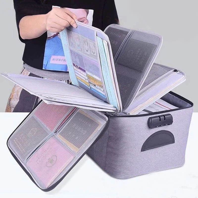 Geanta pentru Depozitare Acte si Documente, Facturi, Carduri, cu Cod de Securitate, 5 Compartimente, Impermeabila, 37 x 20 x 27 cm, Gri