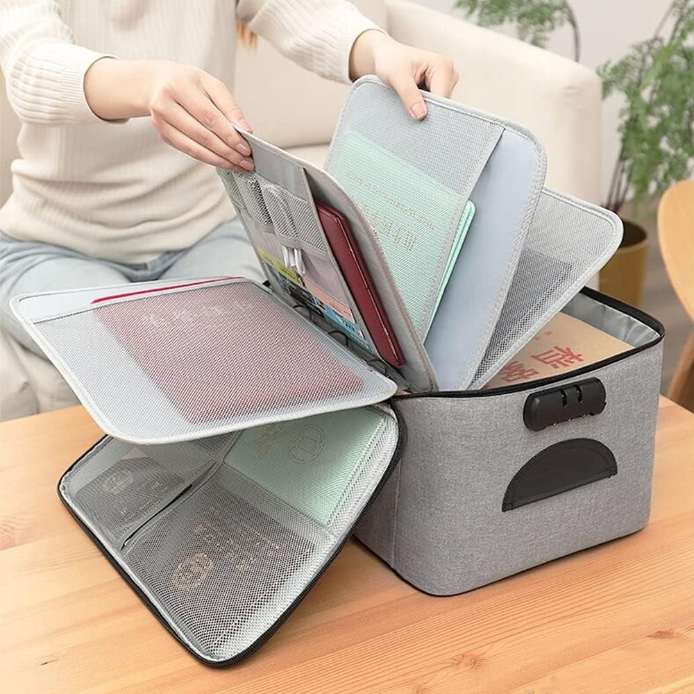 Geanta pentru Depozitare Acte si Documente, Facturi, Carduri, cu Cod de Securitate, 5 Compartimente, Impermeabila, 37 x 20 x 27 cm, Gri