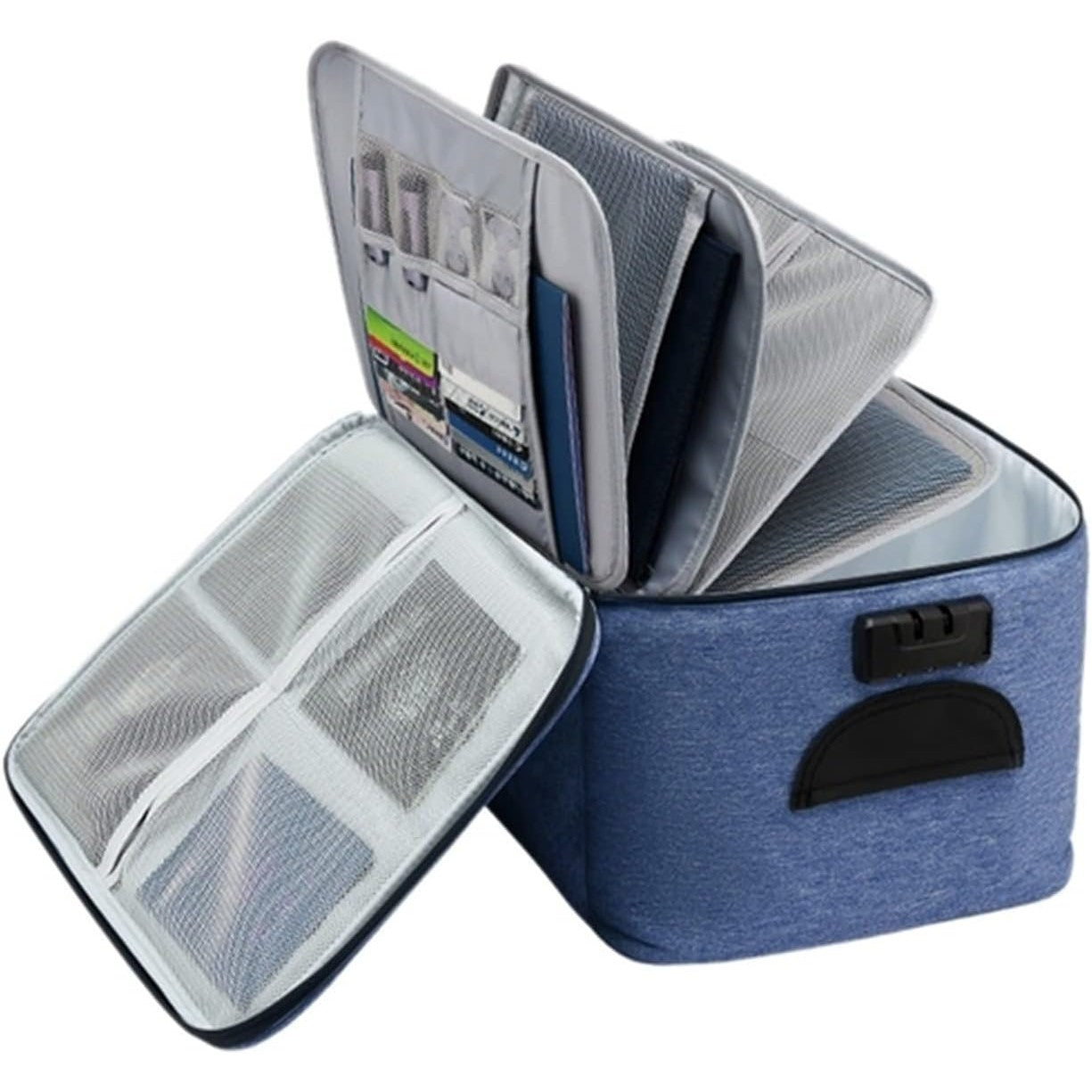 Geanta pentru Depozitare Acte si Documente, Facturi, Carduri, cu Cod de Securitate, 5 Compartimente, Impermeabila, 37 x 20 x 27 cm, Albastru