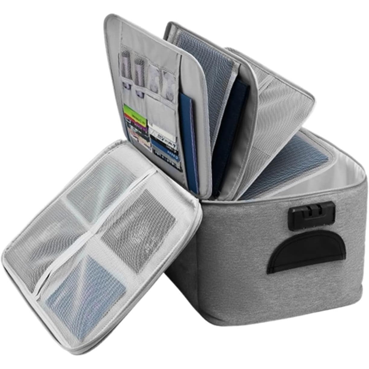 Geanta pentru Depozitare Acte si Documente, Facturi, Carduri, cu Cod de Securitate, 5 Compartimente, Impermeabila, 37 x 20 x 27 cm, Gri