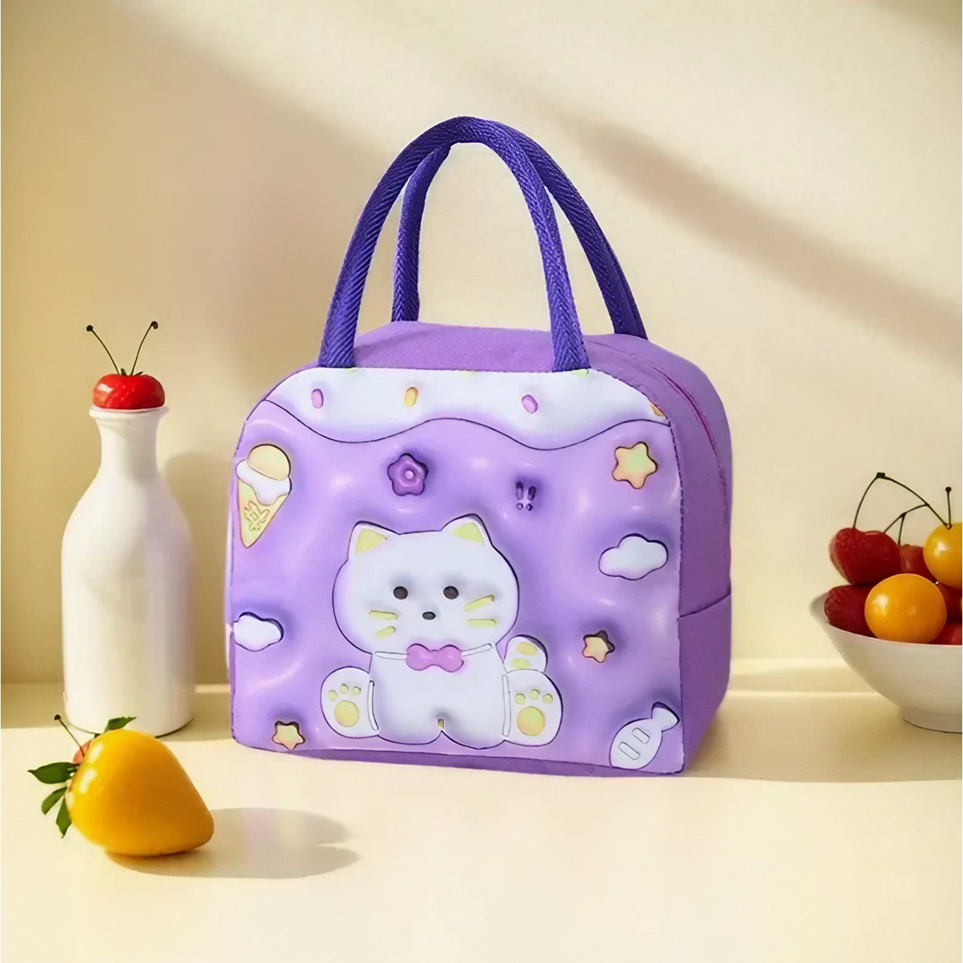 Geantă Frigorifică, cu Desene Animate 3D, Portabilă pentru Copii, de Prânz, din Pânză Oxford, 23x13x19 cm, Model Pisicuta, Mov