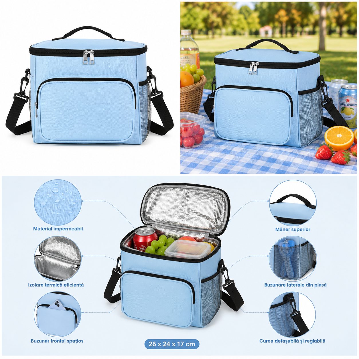 Geanta pentru Picnic cu izolare termica, Multifunctionala, Compartimentata, 2 Tipuri de Manere, Impermeabila, 26x24x17 cm, Albastru Deschis