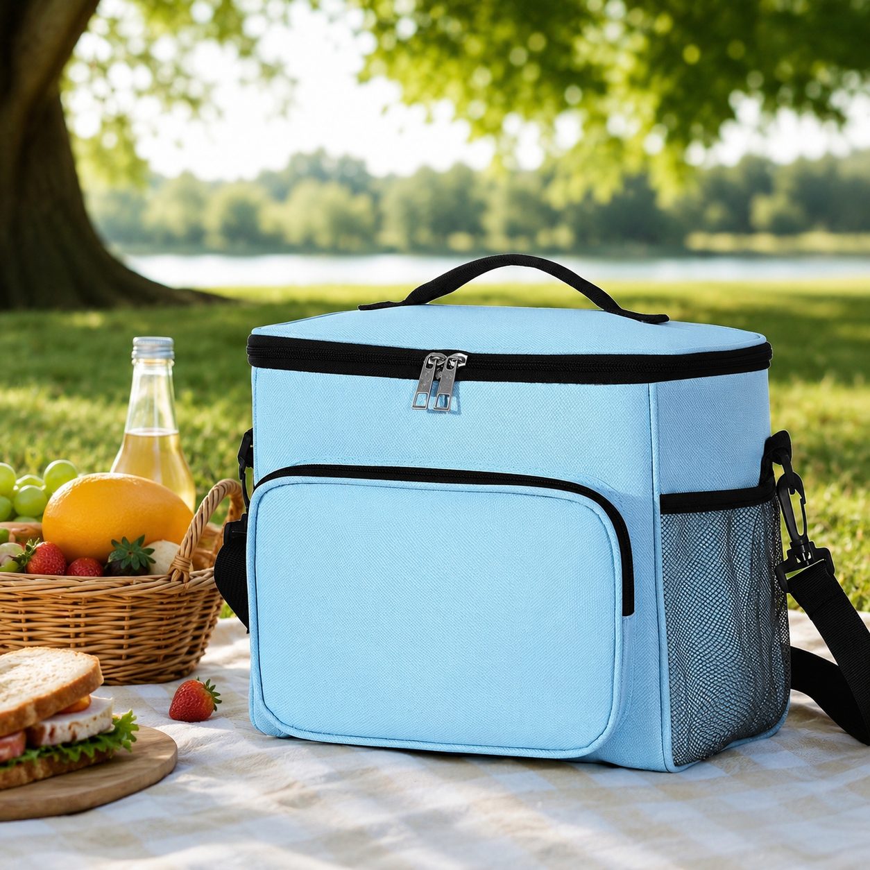Geanta pentru Picnic cu izolare termica, Multifunctionala, Compartimentata, 2 Tipuri de Manere, Impermeabila, 26x24x17 cm, Albastru Deschis
