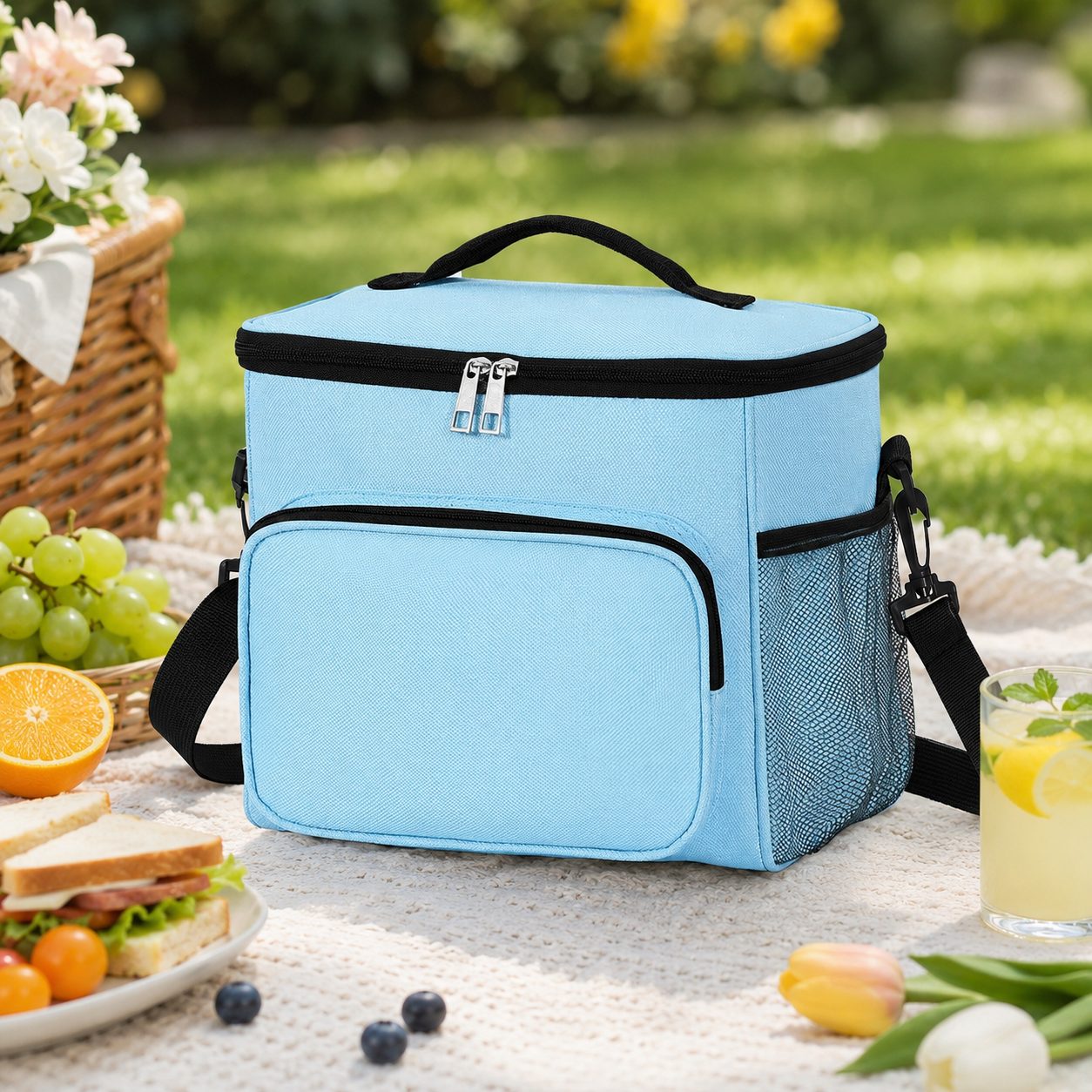 Geanta pentru Picnic cu izolare termica, Multifunctionala, Compartimentata, 2 Tipuri de Manere, Impermeabila, 26x24x17 cm, Albastru Deschis