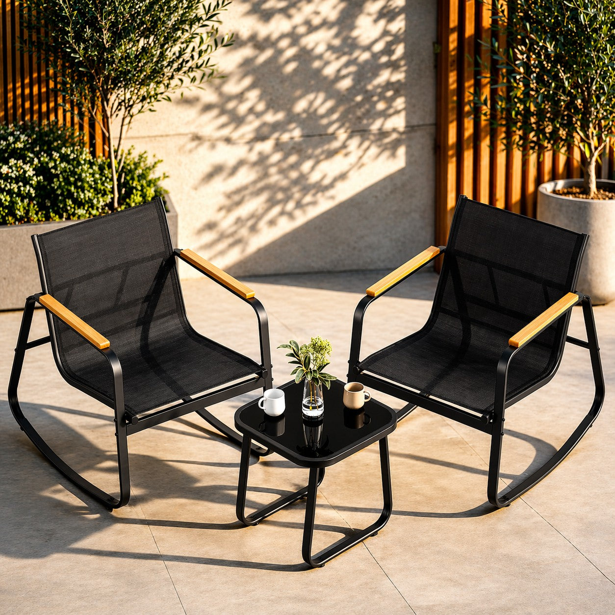 SONGMICS Set mobilier gradina cu 2 scaune balansoar si masa, cadru metalic, negru