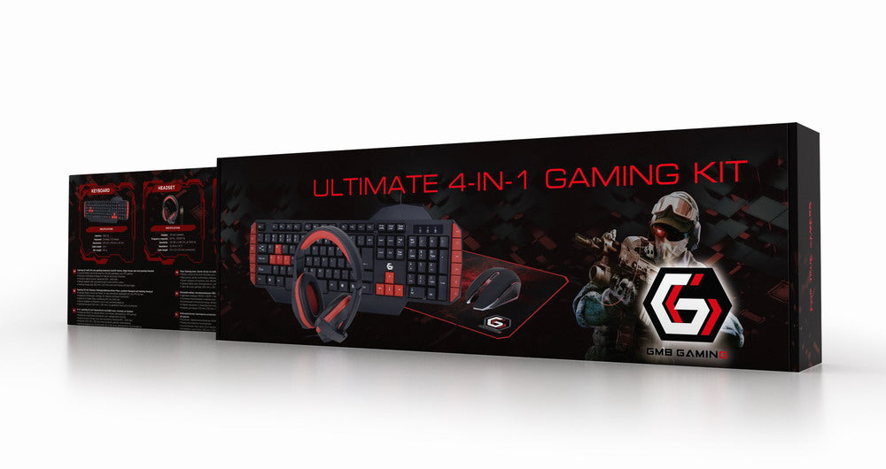 KIT 4-in-1 GEMBIRD, gaming, cu fir, tastatura 104 taste (+ 8 taste multimedia) + mouse 2400dpi 4 butoane + casti cu mic 2x3.5" + pad 300x250mm, USB, black "GGS-UMG4-02"