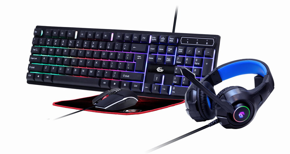 KIT 4-in-1 GEMBIRD, gaming, cu fir, tastatura 104 taste + mouse 2400dpi 6 butoane + casti cu mic 2x3.5" + pad 300x250mm, backlight, USB, black "Ghost" "GGS-UMGL4-02"