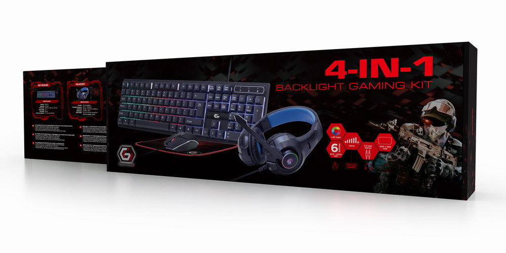 KIT 4-in-1 GEMBIRD, gaming, cu fir, tastatura 104 taste + mouse 2400dpi 6 butoane + casti cu mic 2x3.5" + pad 300x250mm, backlight, USB, black "Ghost" "GGS-UMGL4-02"