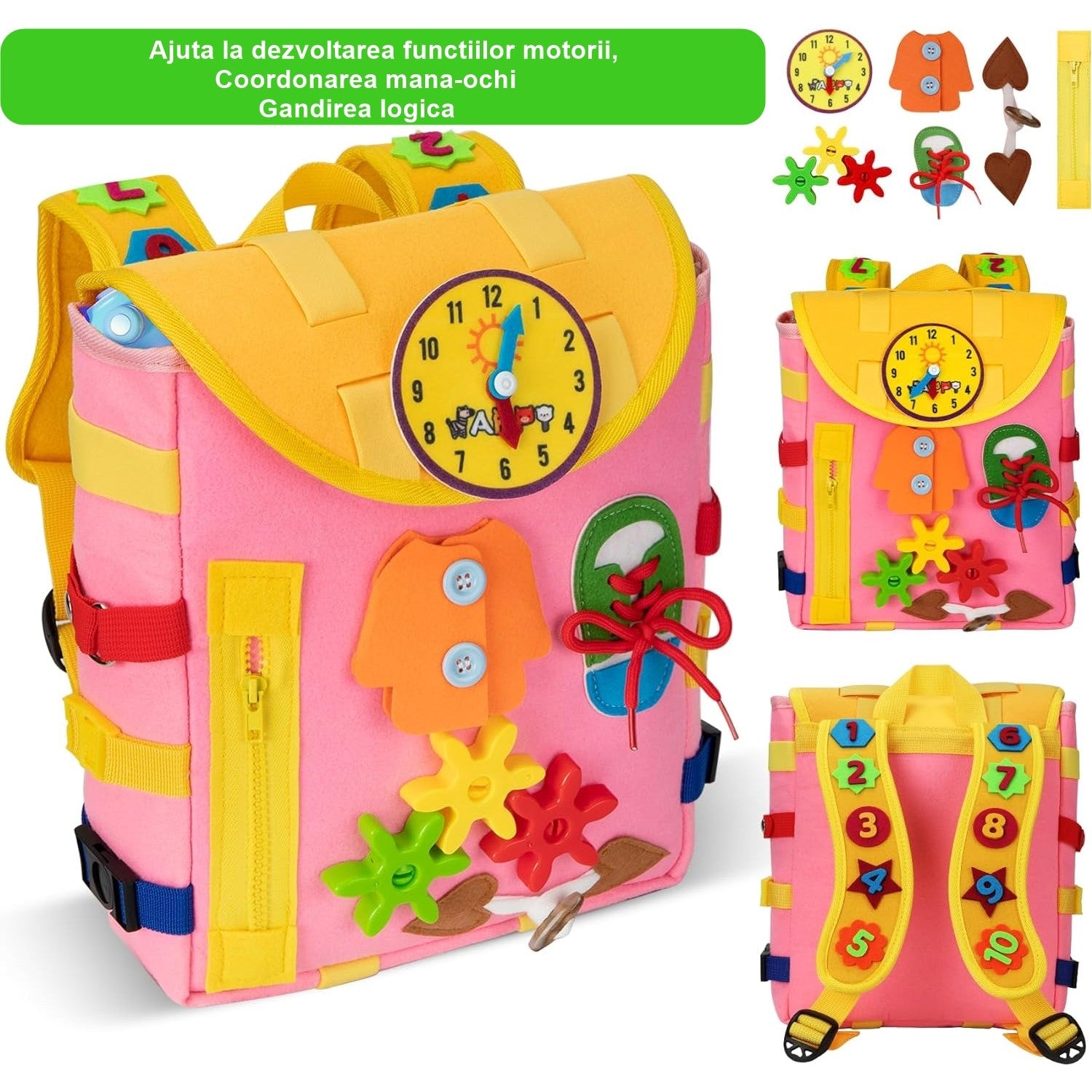 Ghiozdan Montessori, pentru Copii 2-6 ani, Fidget Pop, cu Catarame si Fermoare, Jucarii Senzoriale, Activitate de Invatare prin Joc, Roz, 0.25 kg, 28x10x23 cm