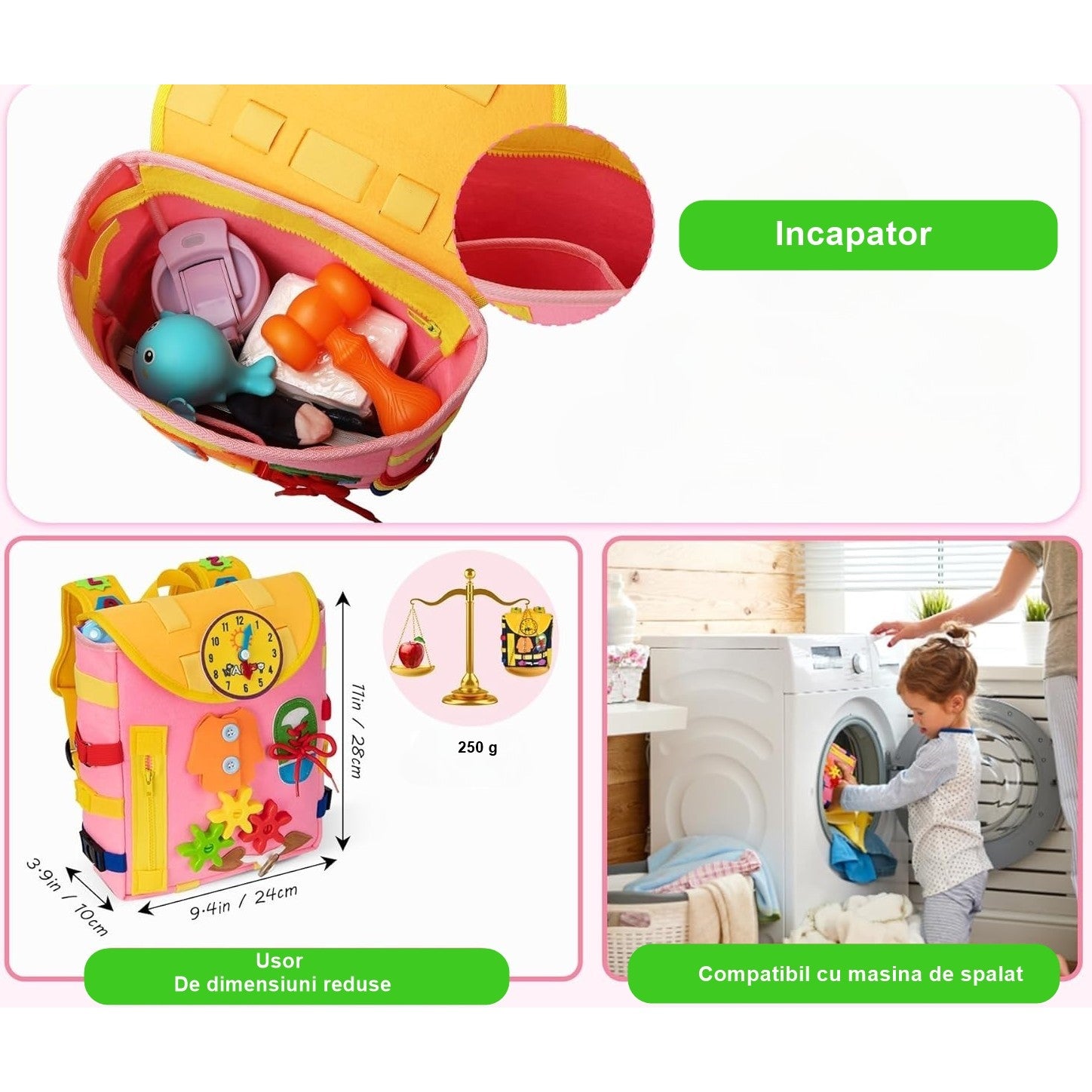 Ghiozdan Montessori, pentru Copii 2-6 ani, Fidget Pop, cu Catarame si Fermoare, Jucarii Senzoriale, Activitate de Invatare prin Joc, Roz, 0.25 kg, 28x10x23 cm