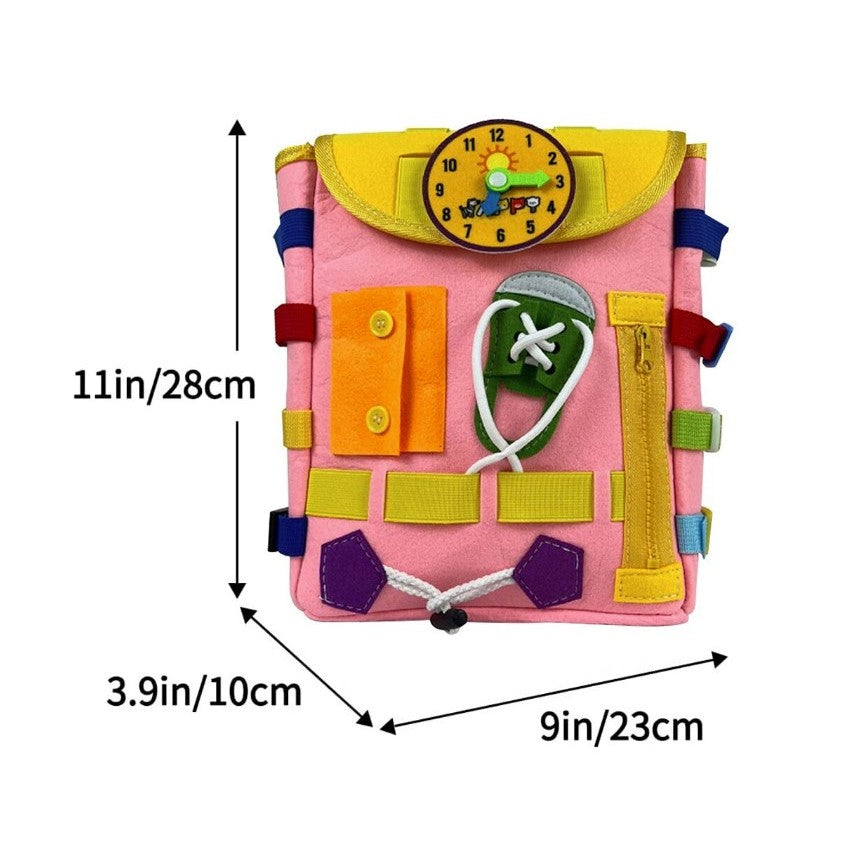 Ghiozdan Montessori, pentru Copii 2-6 ani, Fidget Pop, cu Catarame si Fermoare, Jucarii Senzoriale, Activitate de Invatare prin Joc, Roz, 0.25 kg, 28x10x23 cm