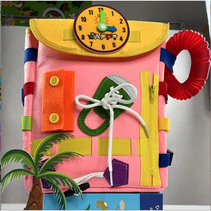 Ghiozdan Montessori, pentru Copii 2-6 ani, Fidget Pop, cu Catarame si Fermoare, Jucarii Senzoriale, Activitate de Invatare prin Joc, Roz, 0.25 kg, 28x10x23 cm