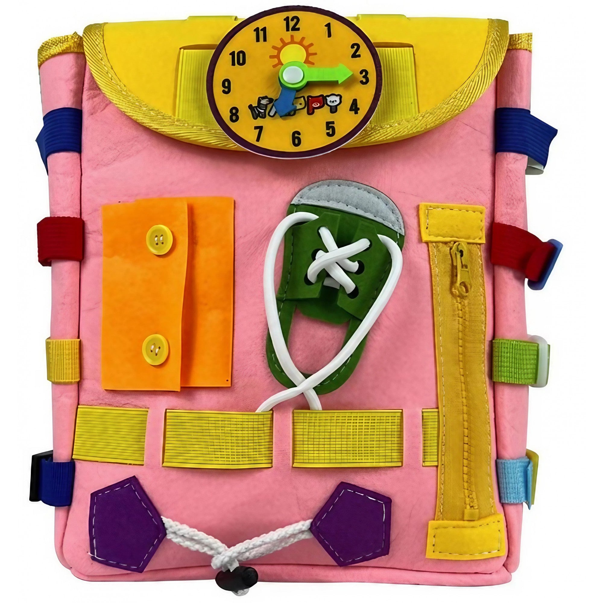 Ghiozdan Montessori, pentru Copii 2-6 ani, Fidget Pop, cu Catarame si Fermoare, Jucarii Senzoriale, Activitate de Invatare prin Joc, Roz, 0.25 kg, 28x10x23 cm