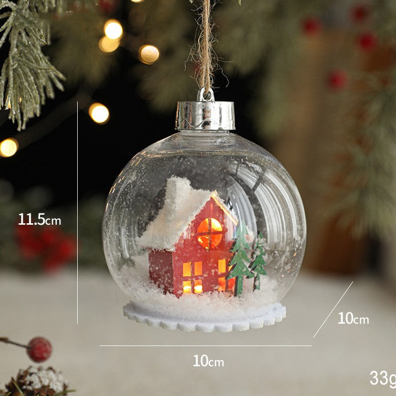 Glob pentru Bradul de Craciun LED, Model A, Glob Transparent cu Figurina Casa si Braduti iluminat LED, Diametrul 10 cm, Baza Solida, Transparent