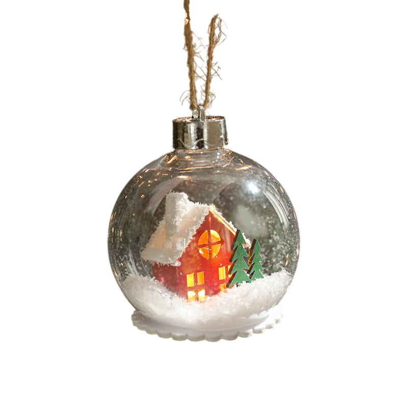 Glob pentru Bradul de Craciun LED, Model A, Glob Transparent cu Figurina Casa si Braduti iluminat LED, Diametrul 10 cm, Baza Solida, Transparent