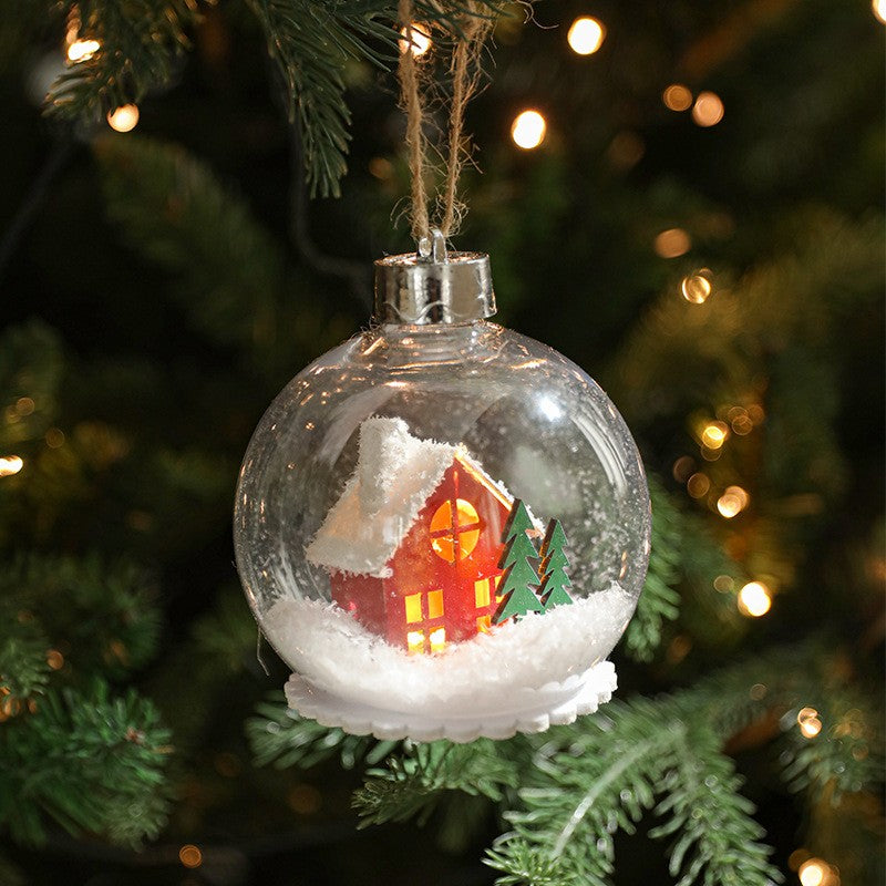 Glob pentru Bradul de Craciun LED, Model A, Glob Transparent cu Figurina Casa si Braduti iluminat LED, Diametrul 10 cm, Baza Solida, Transparent