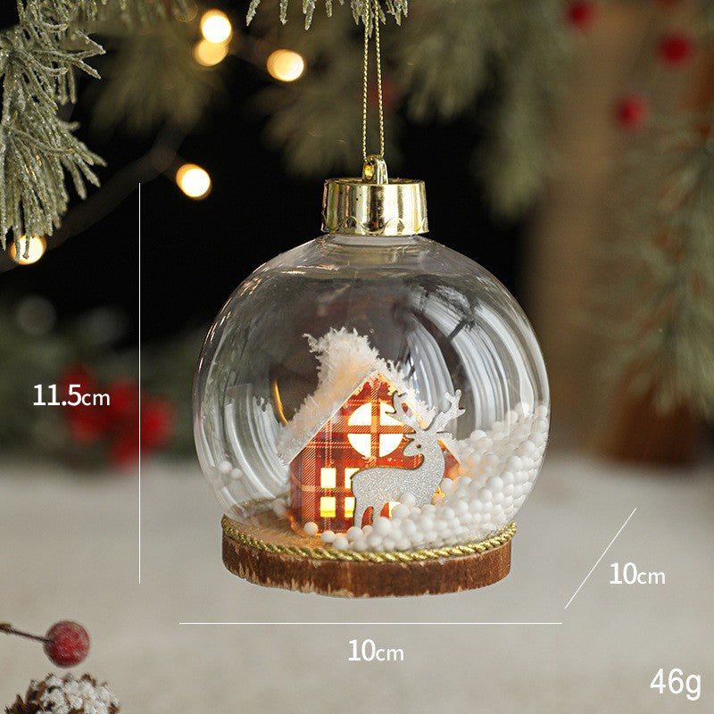 Glob pentru Bradul de Craciun LED, Model B, Glob Transparent cu Figurina Casa si Ren iluminat LED, Diametrul 10 cm, Baza Solida, Transparent