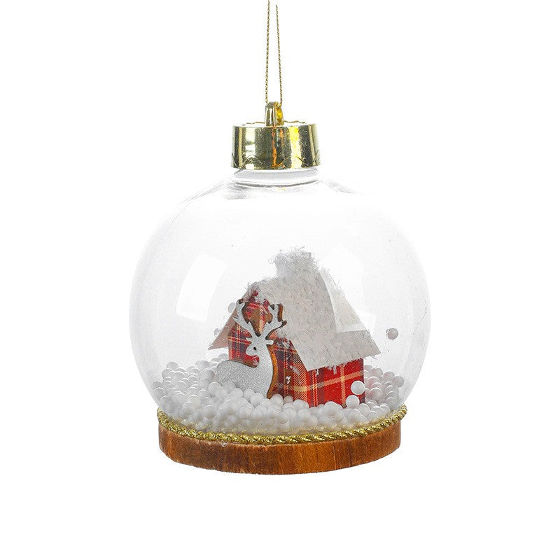 Glob pentru Bradul de Craciun LED, Model B, Glob Transparent cu Figurina Casa si Ren iluminat LED, Diametrul 10 cm, Baza Solida, Transparent