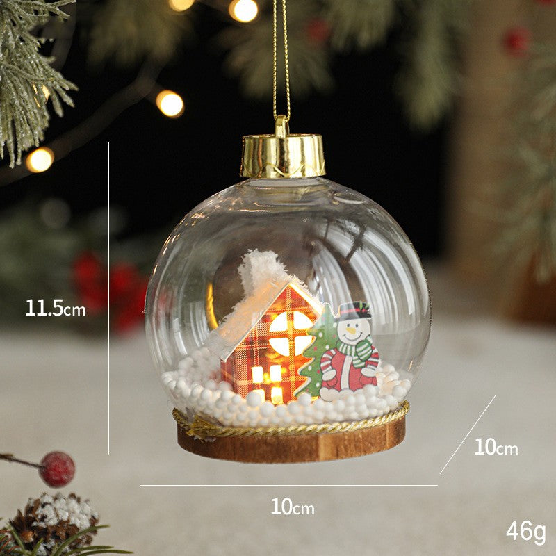 Glob pentru Bradul de Craciun LED, Model C, Glob Transparent cu Figurina Casa si Om de Zapada iluminat LED, Diametrul 10 cm, Baza Solida, Transparent