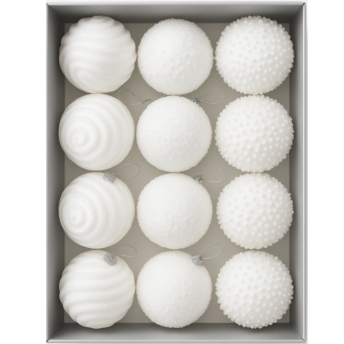 Set 12 globuri Craciun cu sclipici, 3 modele diferite, polistiren, diametru 8 cm, alb