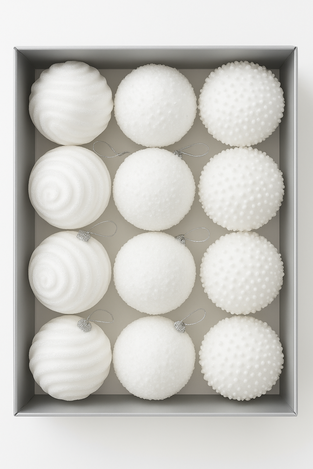 Set 12 globuri Craciun cu sclipici, 3 modele diferite, polistiren, diametru 8 cm, alb