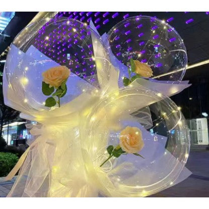 Buchet Decorativ, Trandafir in Balon cu Lumini Led, Diametru 35 cm, 2 x Baterii AA (neincluse), Sampanie