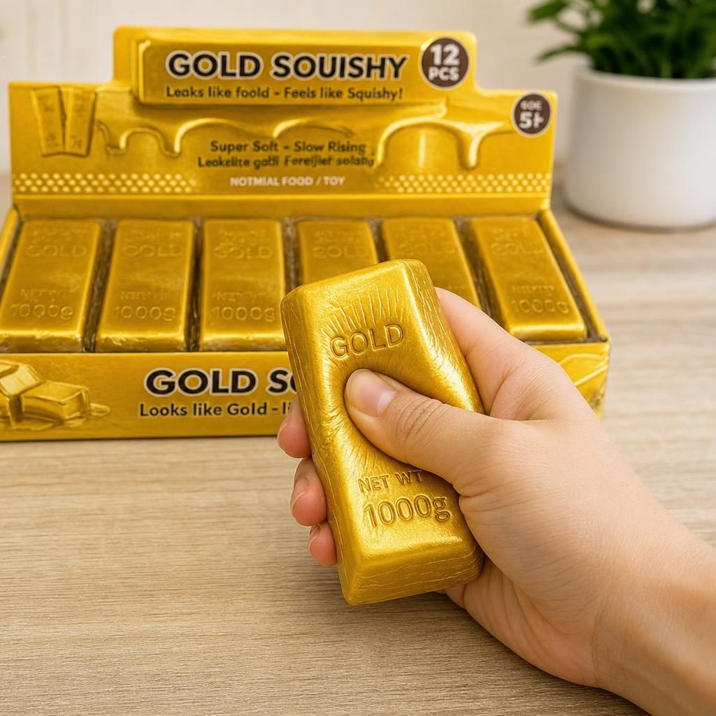 Jucarie Antistres Lingou de Aur, Gold Brick Squishy, Revenire Lenta, 100 g, Auriu