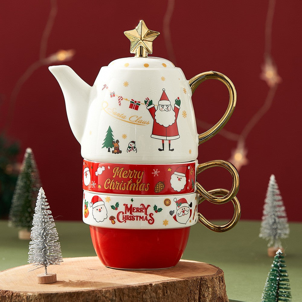Set de Ceai, Tema Craciun, Ceainic 450 ml, 2 x Cani 250 ml, din Ceramica, Model Mos Craciun/Santa Claus, Alb/Rosu